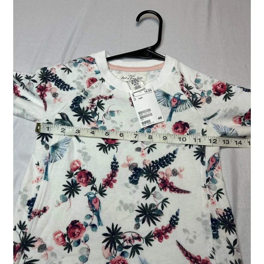 H&M LOGG Girls White Floral Bird Sweatshirt Dress Long Sleeve Size 4-6Y NWT